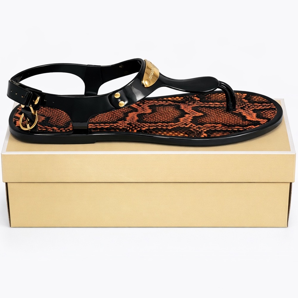 Michael Kors Women’s Black Snake Print Jelly Thong Mule Sandals Gold Logo. NIB